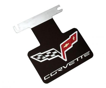 Corvette Exhaust Enhancer Plate, Stainless Steel, With Black Background, Crossed-Flags Logo & Corvette Word, 2005-2013