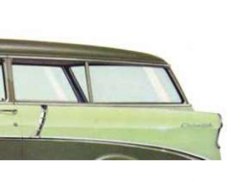 Chevy Rear Curved Quarter Glass, Left, Clear, 2-Door Wagon,1955-1957