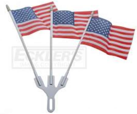 Chevy Chrome Flag Holder, With Three American Flags, 1949-1954