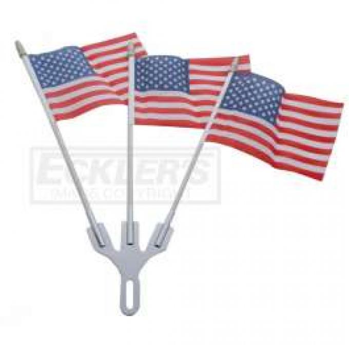 CHEVY PARTS CHEVROLET CHROME PARADE 3 FLAG HOLDER WITH 3 FREE AMERICAN FLAGS