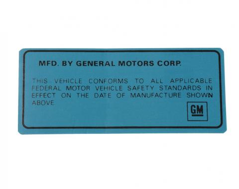 Corvette Decal, Vehicle Certification Label, Back of Door, 1969-1975