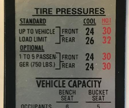 Camaro Tire Pressure Decal, Z28, Driver's Door, 1969-1970