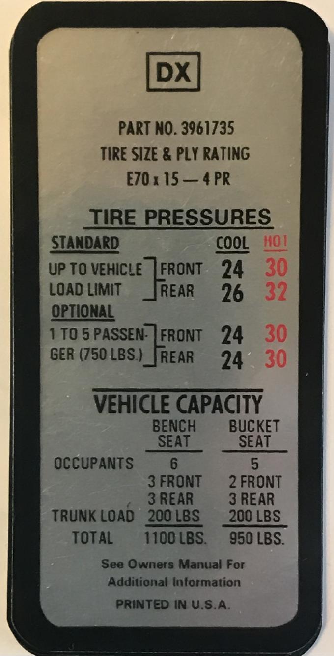 Camaro Tire Pressure Decal, Z28, Driver's Door, 1969-1970