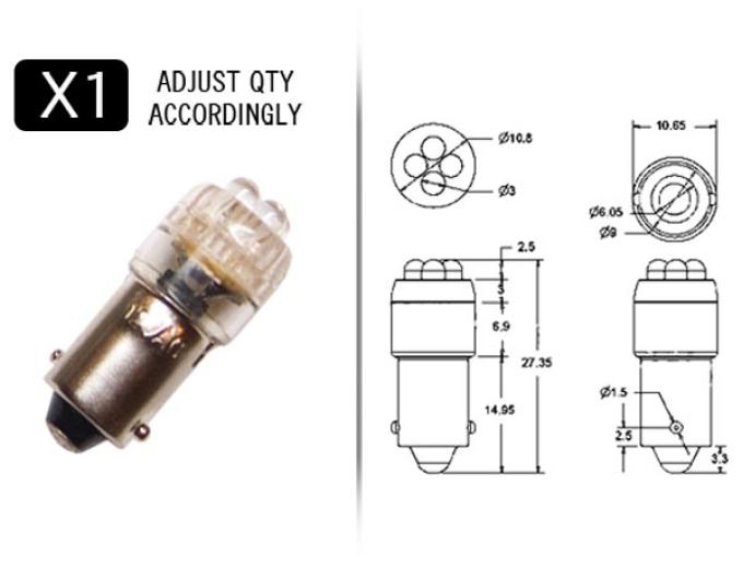 Whitegauges WHITE 4-Point BA9 Style LED Replacement Instrument Cluster Gauge Bulb BA9-WHITE