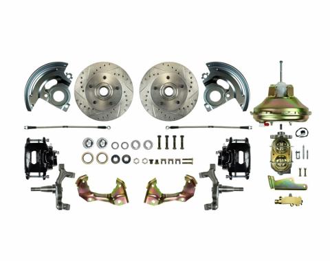 Right Stuff Power Front 2" Drop Disc Brake Conversion Kit with an 11" Brake Booster & Master Cylinder, Drilled and Slotted Rotors, Black Powder Coated Calipers and Stainless Hoses for 67-69 F-Body and 68-74 Nova. AFXDC02DS