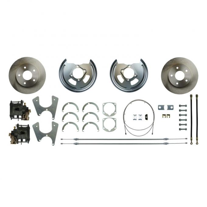 Right Stuff Rear Disc Brake Conversion Kit with Standard Rotors, Natural Finish Calipers, Hoses E-Brake Cables & more for 55-64 Chevy car. FSCRD01