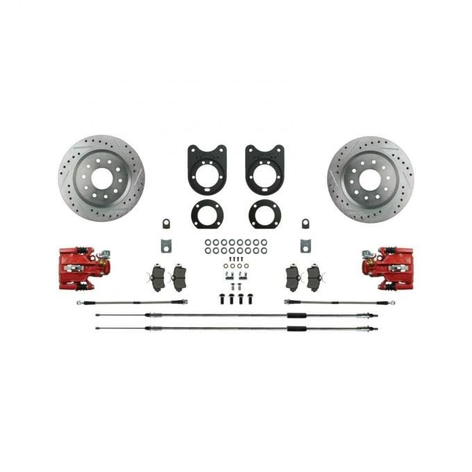 Right Stuff Signature Series Big Brake Rear Disc Conversion Kit with Drilled & Slotted Rotors, Red Powder Coated Calipers, Stainless Hoses, E-brake cables and more for 64-77 GM A-Body. AFXRD31Z