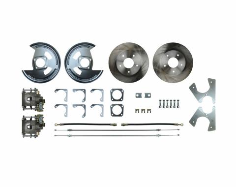 Right Stuff Rear Disc Brake Conversion Kit with Standard Rotors, Natural Finish Calipers, Hoses, E-Brake Cables & more for 64-77 GM A-body, 67 F-Body and 68-79 Nova with Non-Staggered Shocks. AFXRD01