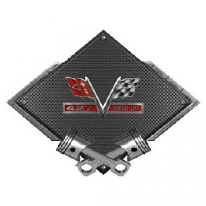 Chevrolet 427 Turbo Jet Metal Sign, Black Carbon Fiber, Crossed Pistons, 25 X 19