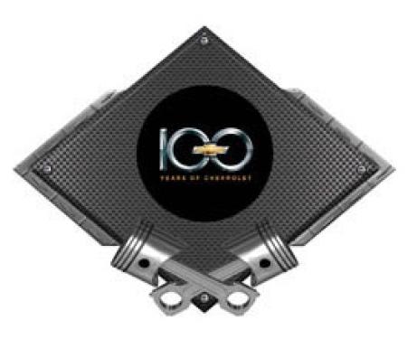 Chevrolet 100 Years Metal Sign, Black Carbon Fiber, Crossed Pistons, 25 X 19