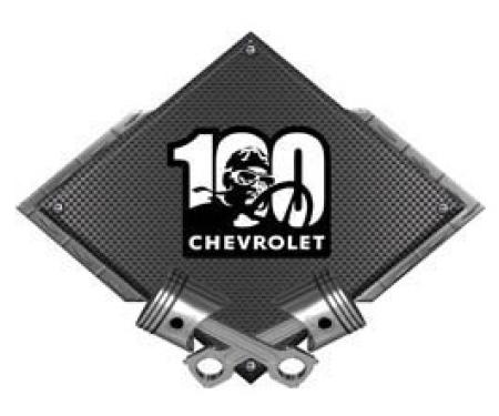Chevrolet 100 Years Driver Metal Sign, Black Carbon Fiber, Crossed Pistons, 25 X 19