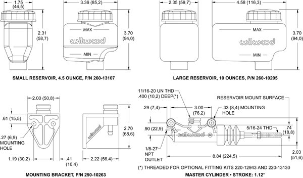 Wilwood Fitting Master Cylinder 11/16-20 -3 AN Compact Remote Resv. Wilwood Fitting Master Cylinder 11/16-20 -3 AN Compact Remote Resv.