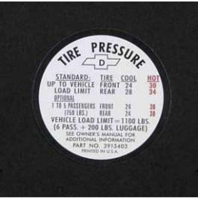 Full Size Chevy Tire Pressure Decal, 1967