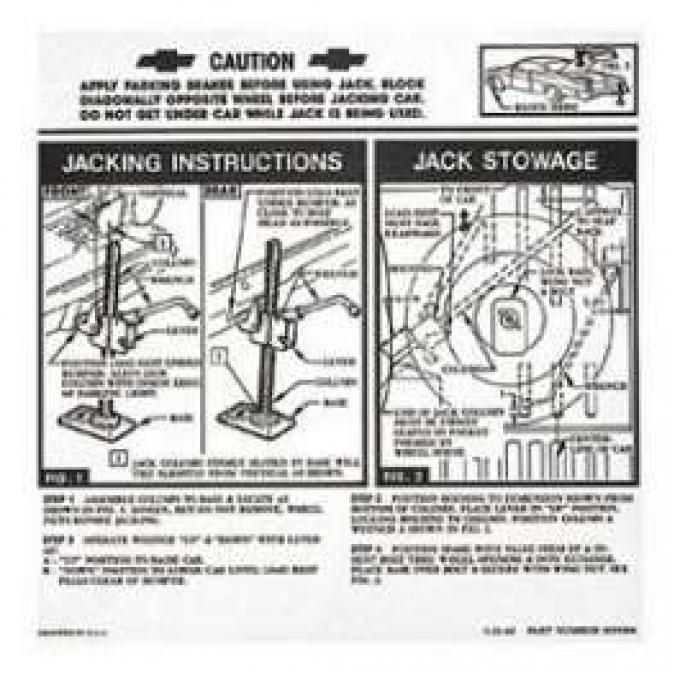 Full Size Chevy Jack Stowage & Jacking Instructions Sheet, Hardtop & Sedan, 1962