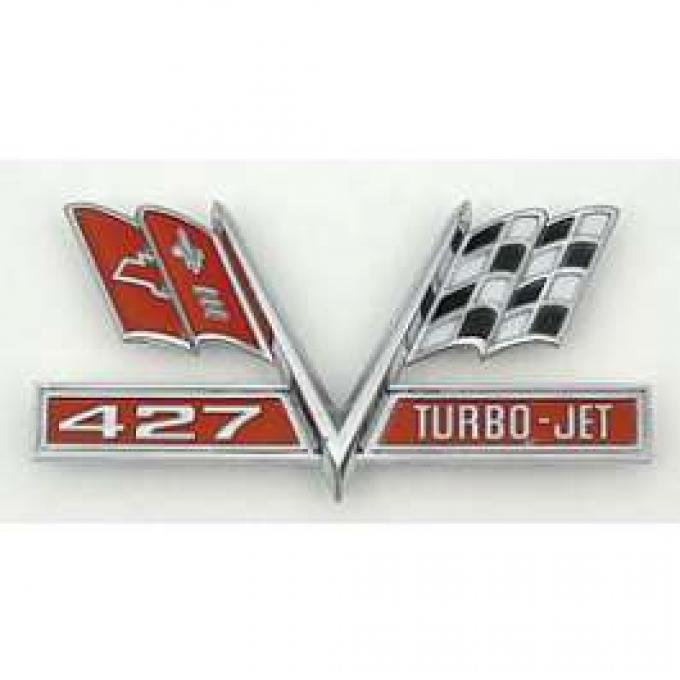 Full Size Chevy Front Fender Flags Emblem, 427ci Turbo-Jet, 1966-1967
