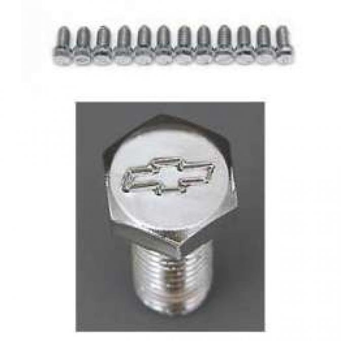 Full Size Chevy Bowtie Header Bolt Set, Small Block, Chrome, 1958-1972
