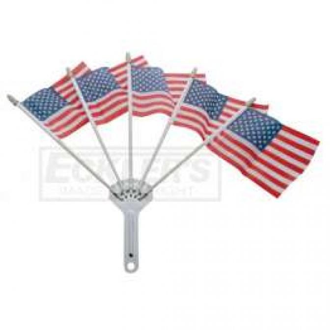 Full Size Chevy Chrome Flag Holder, With Five American Flags, 1958-1984