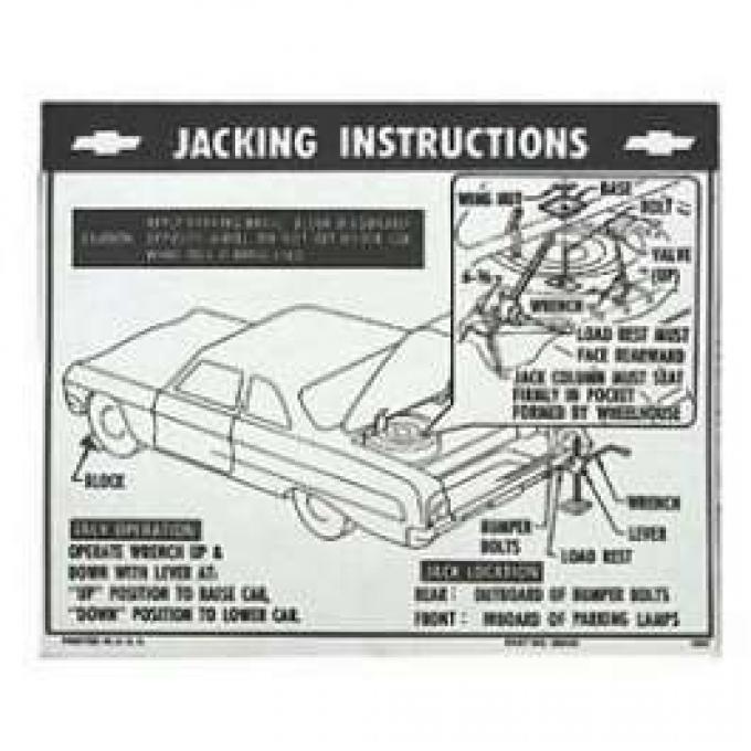 Full Size Chevy Jack Stowage & Jacking Instructions Sheet, Hardtop & Sedan, 1964