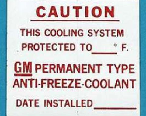 Full Size Chevy GM Dealer Installed Anti-Freeze Information Decal, 1960-1975