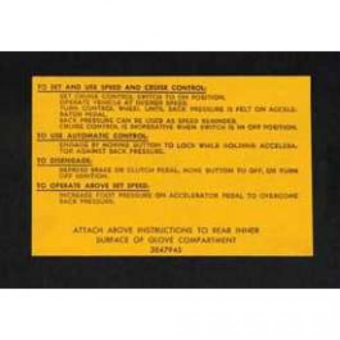 Full Size Chevy Cruise Control Instructions Decal, 1962-1966