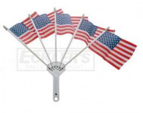 Full Size Chevy Chrome Flag Holder, With Five American Flags, 1958-1984