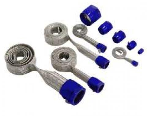 Full Size Chevy Hose Cover Kit, Stainless Steel, Universal, With Blue Clamps 1958-1972