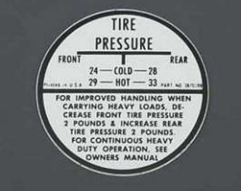 Full Size Chevy Tire Inflation Glove Box Decal, 1958-1962