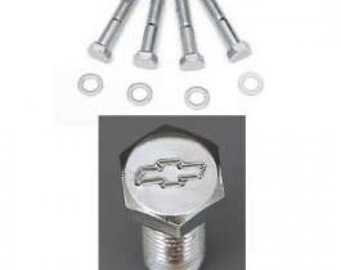 Full Size Chevy Bowtie Water Pump Bolt Set, With Long Water Pump, Chrome, Small Block, 1958-1972