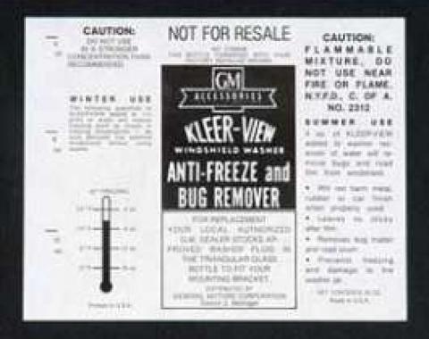Full Size Chevy Windshield Washer Filler Jar Label, Kleer-View, 1961-1967