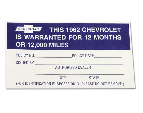 Corvette Decal, Warranty 12 Month/12000 Mile, 1962