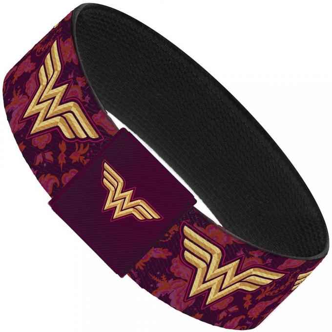 Elastic Bracelet - 1.0" - Wonder Woman Logo/Floral Collage Purple/Pinks/Gold