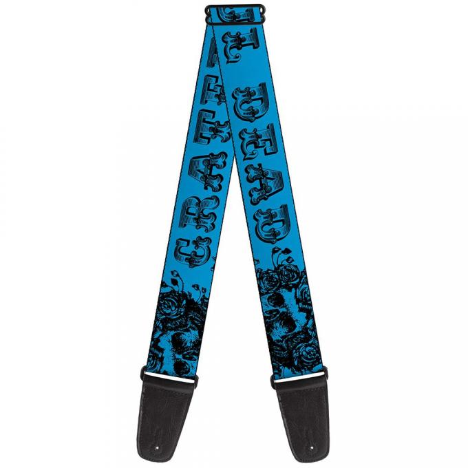 Guitar Strap - Grateful Dead Text w/Skull & Roses Turquoise