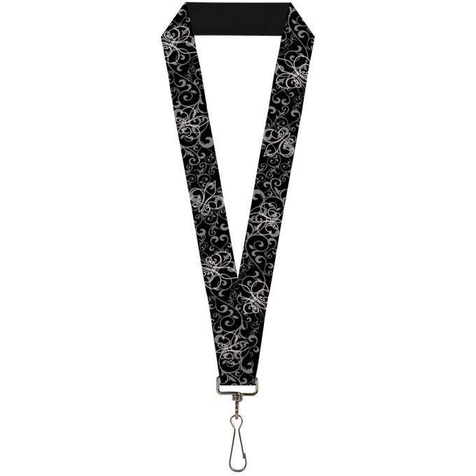 Buckle-Down Lanyard - Fleur-de-Lis Outline w/Filigree Black/Gray