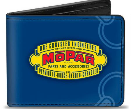 Bi-Fold Wallet - MOPAR 1937-1947 Logo-USE CHRYSLER ENGINEERED MOPAR PARTS AND ACCESSORIES Blue/Yellow/Red
