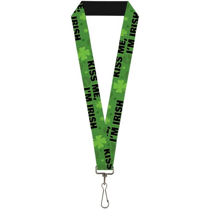 Buckle-Down Lanyard - KISS ME, I'M IRISH! Clovers/Kisses Greens/Black