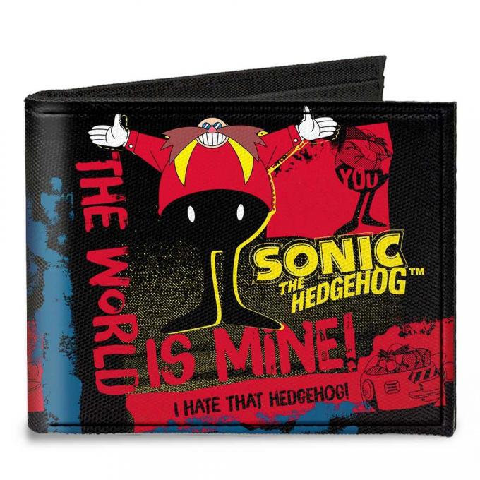 SONIC CLASSIC 
Canvas Bi-Fold Wallet - Doctor Eggman Pose THE WORLD IS MINE/I HATE THAT HEDGEHOG Black/Red/Yellow/Blue