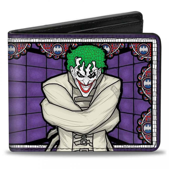Bi-Fold Wallet - Joker Stained Glass Straitjacket Pose/Bat Logo Purples/Red/Blue/White