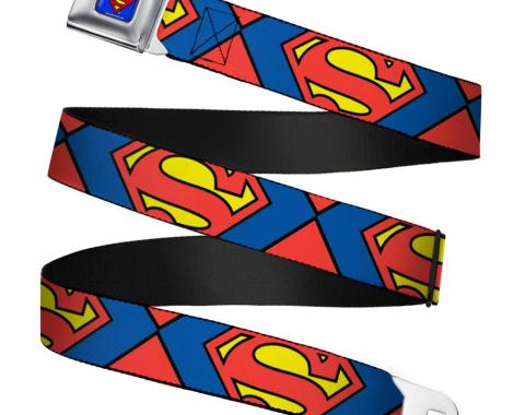 Superman Full Color Blue Seatbelt Belt - Superman Shield CLOSE-UP Blue/Red/Yellow Webbing