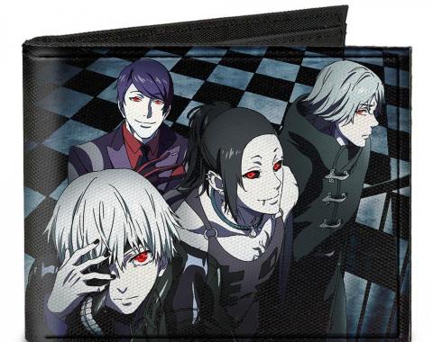 Canvas Bi-Fold Wallet - 4-Ghouls Walking Up Stairs Checker Tiles + TOKYO GHOUL