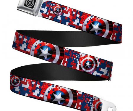 MARVEL AVENGERS 
Captain America Shield Black/Silver Seatbelt Belt - Captain America Shield Digital Camo Blue/White/Red Webbing