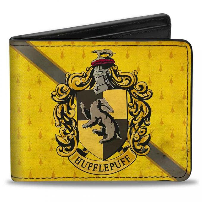 Bi-Fold Wallet - HUFFLEPUFF Crest/Stripe4 Weathered Gold/Brown