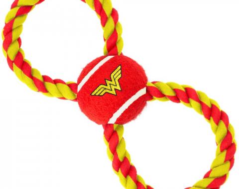 Dog Toy Rope Tennis Ball - Wonder Woman Logo Red/Yellow + Red/Yellow Rope
