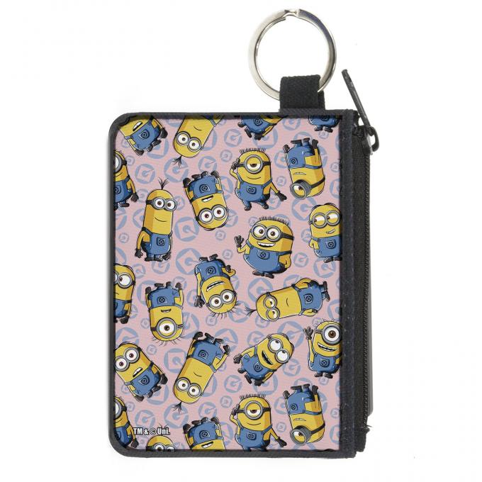 Canvas Zipper Wallet - MINI X-SMALL - Cartoon Minion Poses/Gru's Logo Scattered Baby Pink/Baby Blue