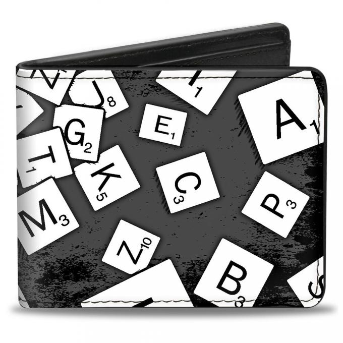 Bi-Fold Wallet - Scrabble Tiles Scattered Grays/Black/White