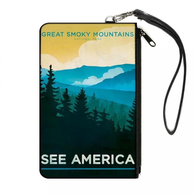 Canvas Zipper Wallet - LARGE - SEE AMERICA-NC GREAT SMOKY MTNS. Landscape Yellows/Blues/White