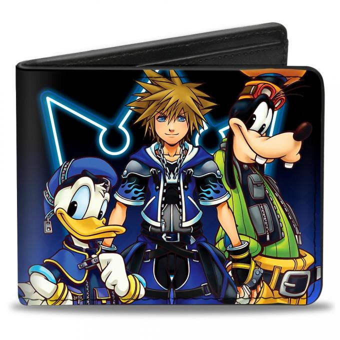 Bi-Fold Wallet - Kingdom Hearts II Donald/Wisdom Form Sora/Goofy Group Pose Diamonds Blue Fade