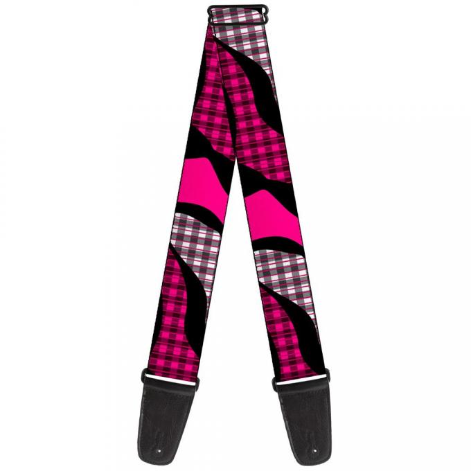 Guitar Strap - Buffalo Plaid Abstract White/Black/Fuchsia