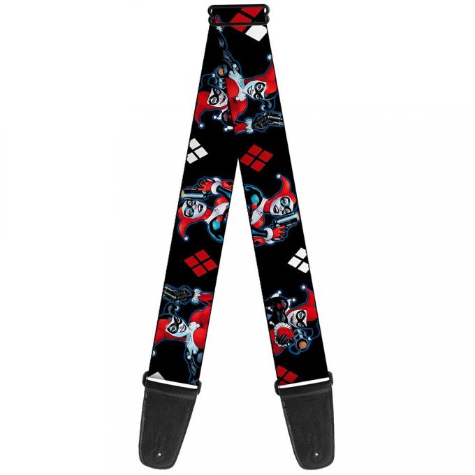 Guitar Strap - Harley Quinn Shooting Poses/Diamonds Black/Red/White