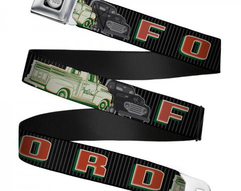 Ford F-100 Logo Full Color Black/Grays Seatbelt Belt - FORD/Classic Ford Trucks Vertical Stripe Black/Grays/Green/Red Webbing