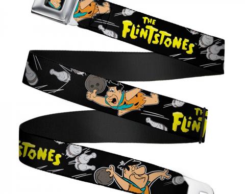 Fred Face Full Color Black Seatbelt Belt - THE FLINTSTONES Fred Bowling Poses/Bowling Pins Black Webbing